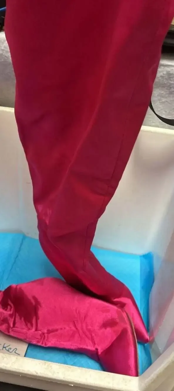 Havana-400F Satin Stiletto Thigh High Boots in Hot Pink, Size 9